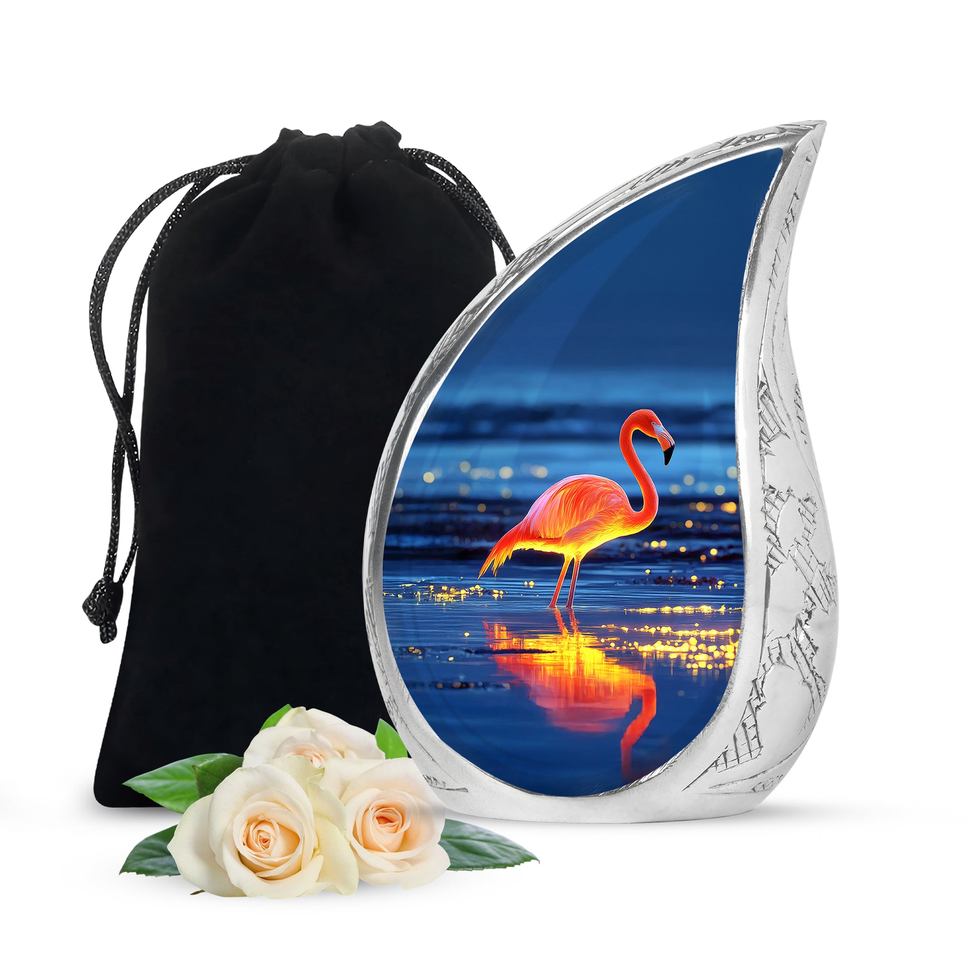 Slate Blue Flamingo Cremation Urn front view showing detailed design - rounded teardrop flamingo design with delicate detail - full-size 10 inch 200 cubic inch adult cremation urn
