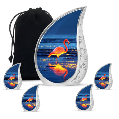 Calming Blue Flamingo Cremation Urn side profile showing urn shape - smooth teardrop contour featuring flamingo art - memorial set with one large and four small urns