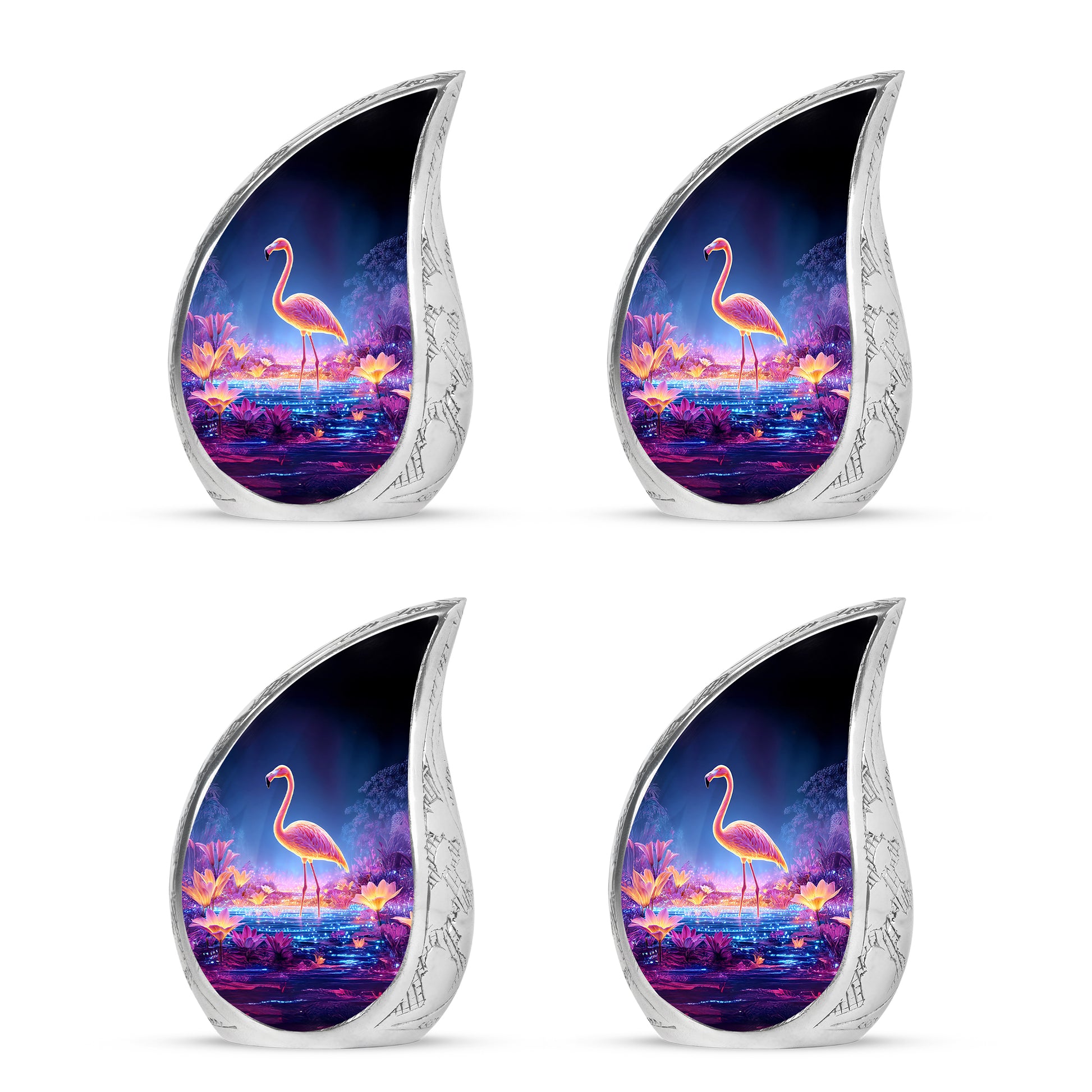 Vivid Blue Flamingo Cremation Urn close-up of engraving and surface detail - smooth teardrop contour featuring flamingo art - 10 inch aluminum urn for cremated remains