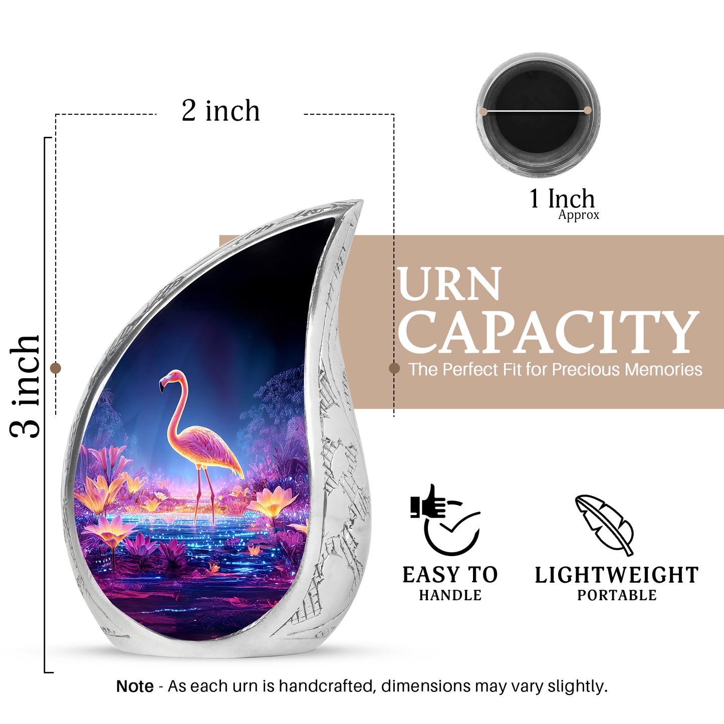 Cornflower Blue Flamingo Cremation Urn angled view of lid and engraved motif - smooth teardrop contour featuring flamingo art - mini keepsake memorial for portion of cremation ashes