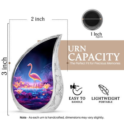 Cornflower Blue Flamingo Cremation Urn angled view of lid and engraved motif - smooth teardrop contour featuring flamingo art - mini keepsake memorial for portion of cremation ashes