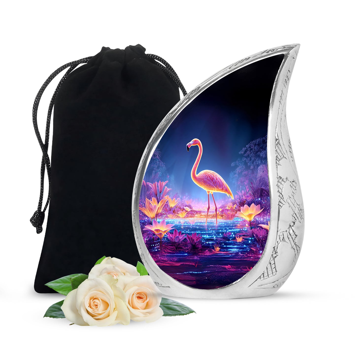 Slate Blue Flamingo Cremation Urn front view showing detailed design - flowing teardrop flamingo silhouette on curved aluminum - full-size 10 inch 200 cubic inch adult cremation urn