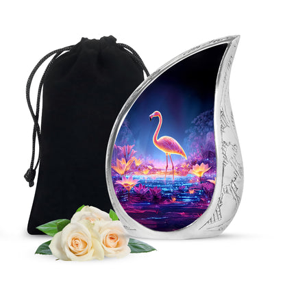 Slate Blue Flamingo Cremation Urn front view showing detailed design - flowing teardrop flamingo silhouette on curved aluminum - full-size 10 inch 200 cubic inch adult cremation urn