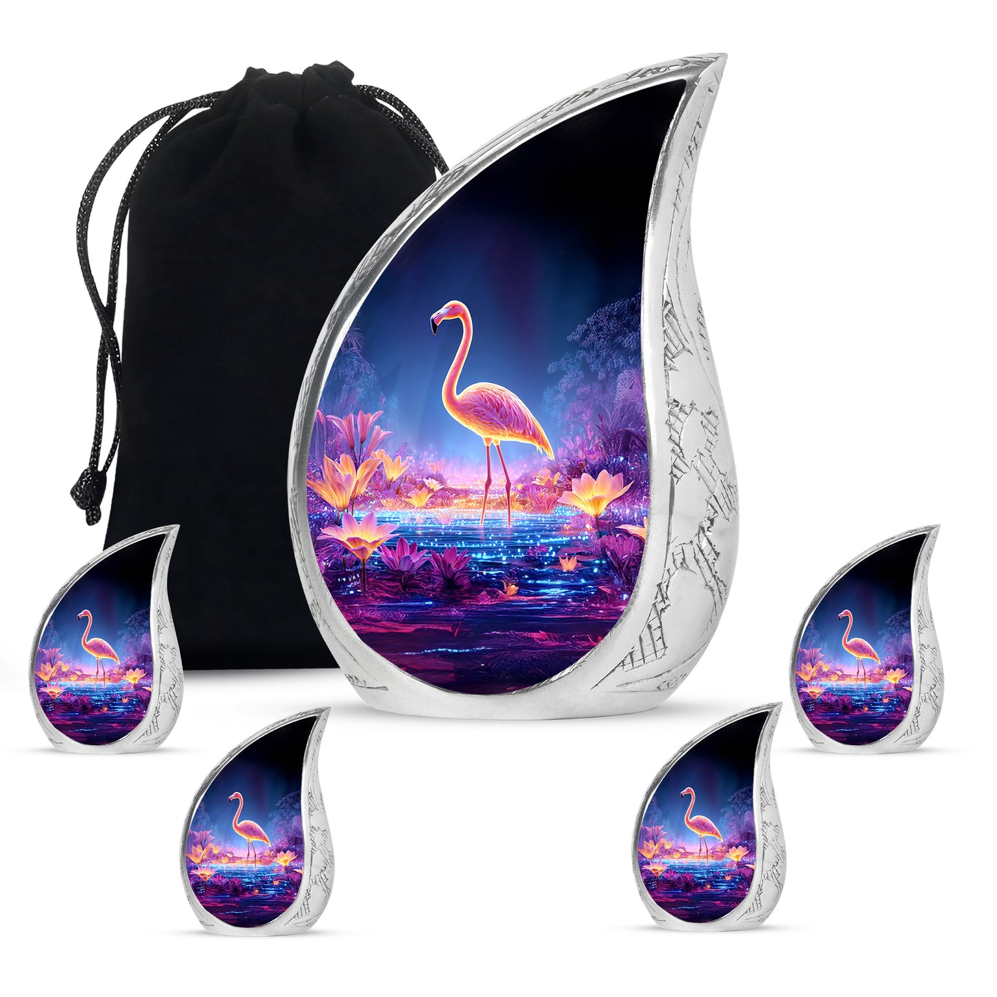 Royal Blue Flamingo Cremation Urn side profile showing urn shape - smooth teardrop contour featuring flamingo art - memorial set with one large and four small urns