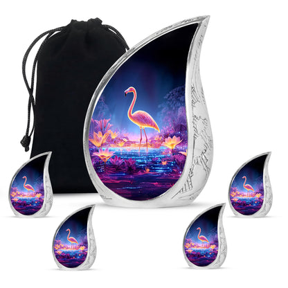 Royal Blue Flamingo Cremation Urn side profile showing urn shape - smooth teardrop contour featuring flamingo art - memorial set with one large and four small urns