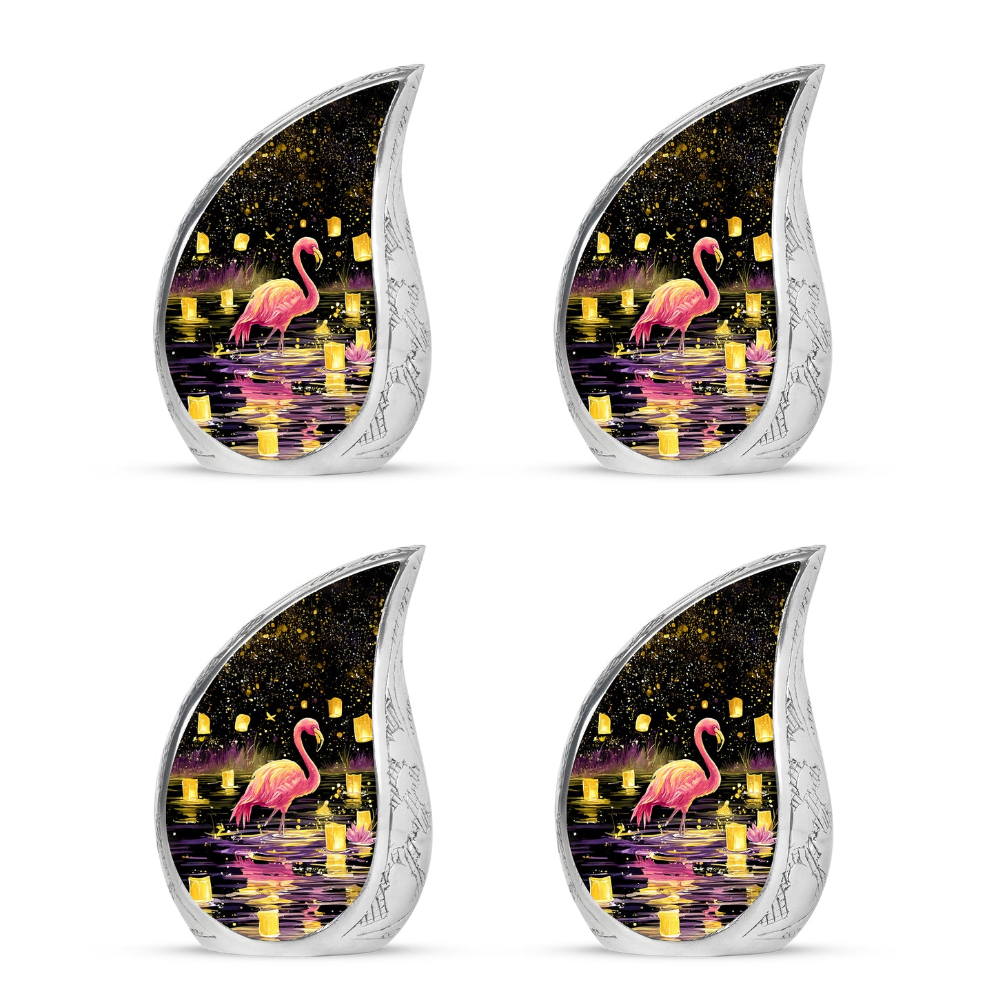Ebony Flamingo Cremation Urn close-up of engraving and surface detail - flowing teardrop flamingo silhouette on curved aluminum - 10 inch aluminum urn for cremated remains