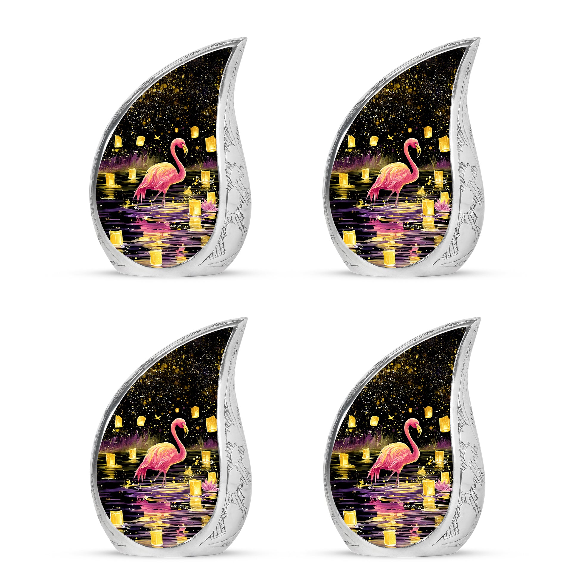Ebony Flamingo Cremation Urn close-up of engraving and surface detail - flowing teardrop flamingo silhouette on curved aluminum - 10 inch aluminum urn for cremated remains