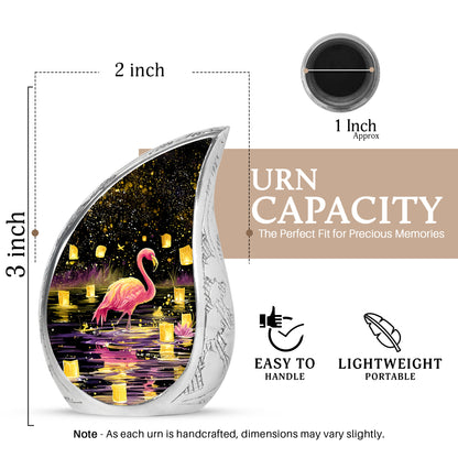 Jet Black Flamingo Cremation Urn angled view of lid and engraved motif - flowing teardrop flamingo silhouette on curved aluminum - mini keepsake memorial for portion of cremation ashes