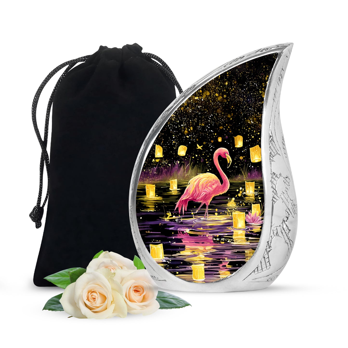 Onyx Black Flamingo Cremation Urn front view showing detailed design - smooth teardrop contour featuring flamingo art - full-size 10 inch 200 cubic inch adult cremation urn