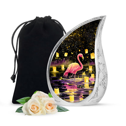 Onyx Black Flamingo Cremation Urn front view showing detailed design - smooth teardrop contour featuring flamingo art - full-size 10 inch 200 cubic inch adult cremation urn