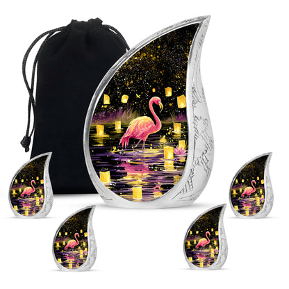 Deep Black Flamingo Cremation Urn side profile showing urn shape - rounded teardrop flamingo design with delicate detail - memorial set with one large and four small urns
