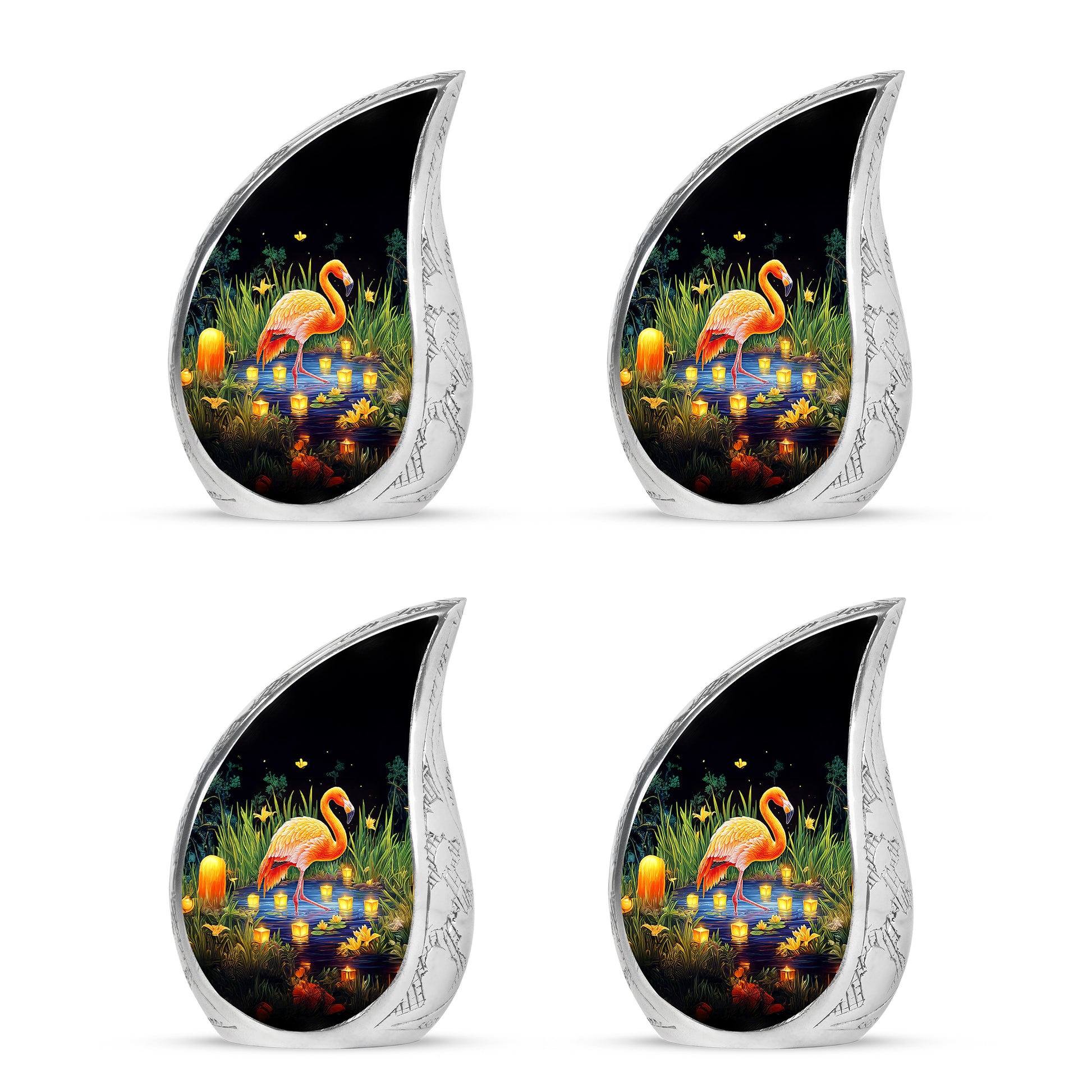 Dark Black Flamingo Cremation Urn close-up of engraving and surface detail - smooth teardrop contour featuring flamingo art - 10 inch aluminum urn for cremated remains
