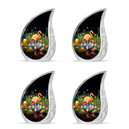 Dark Black Flamingo Cremation Urn close-up of engraving and surface detail - smooth teardrop contour featuring flamingo art - 10 inch aluminum urn for cremated remains