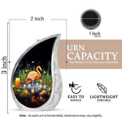 Deep Black Flamingo Cremation Urn angled view of lid and engraved motif - rounded teardrop flamingo design with delicate detail - mini keepsake memorial for portion of cremation ashes