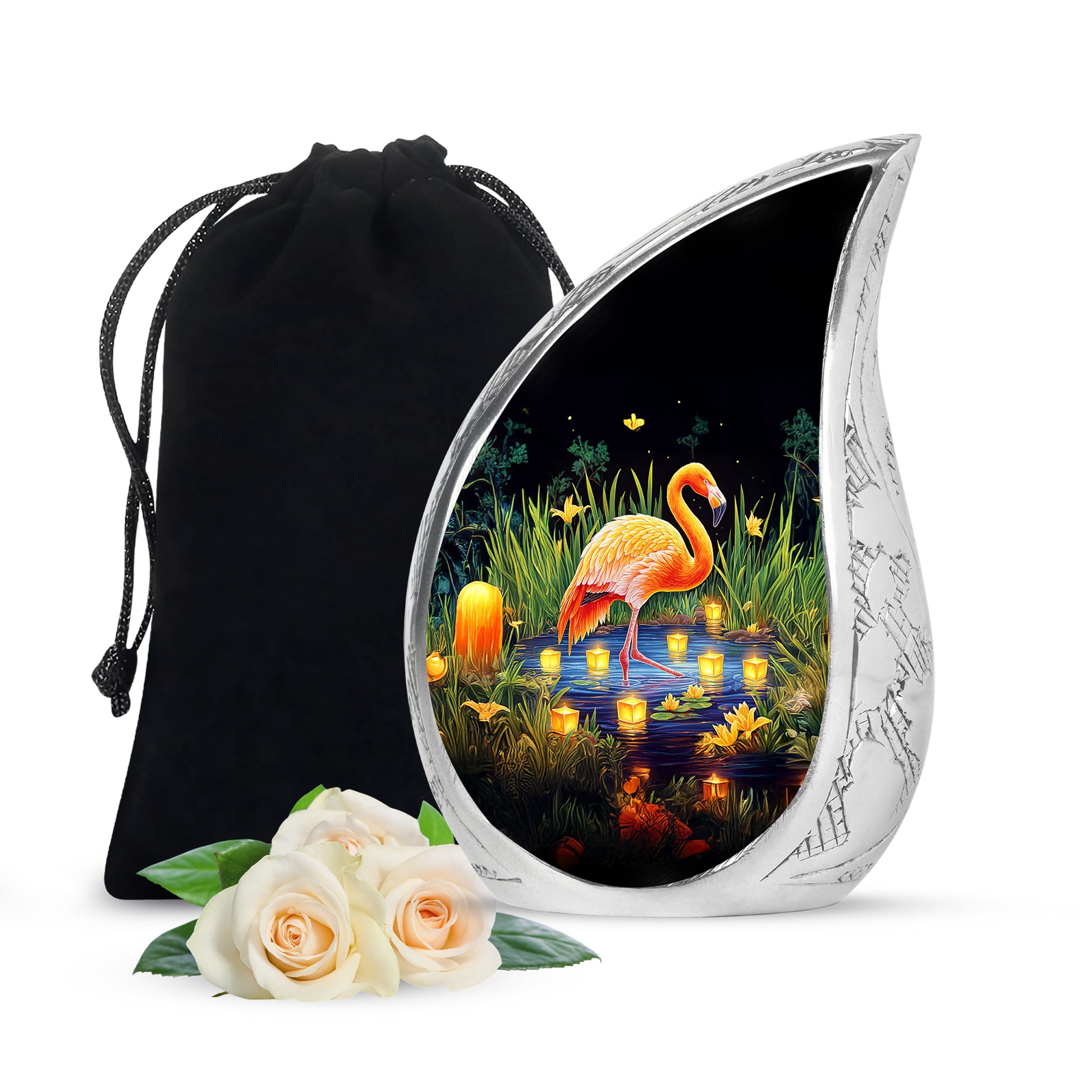 Charcoal Black Flamingo Cremation Urn front view showing detailed design - smooth teardrop contour featuring flamingo art - full-size 10 inch 200 cubic inch adult cremation urn