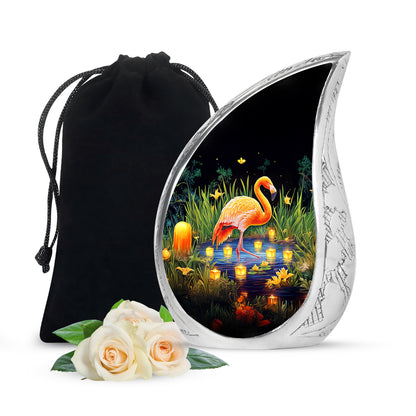 Charcoal Black Flamingo Cremation Urn front view showing detailed design - smooth teardrop contour featuring flamingo art - full-size 10 inch 200 cubic inch adult cremation urn