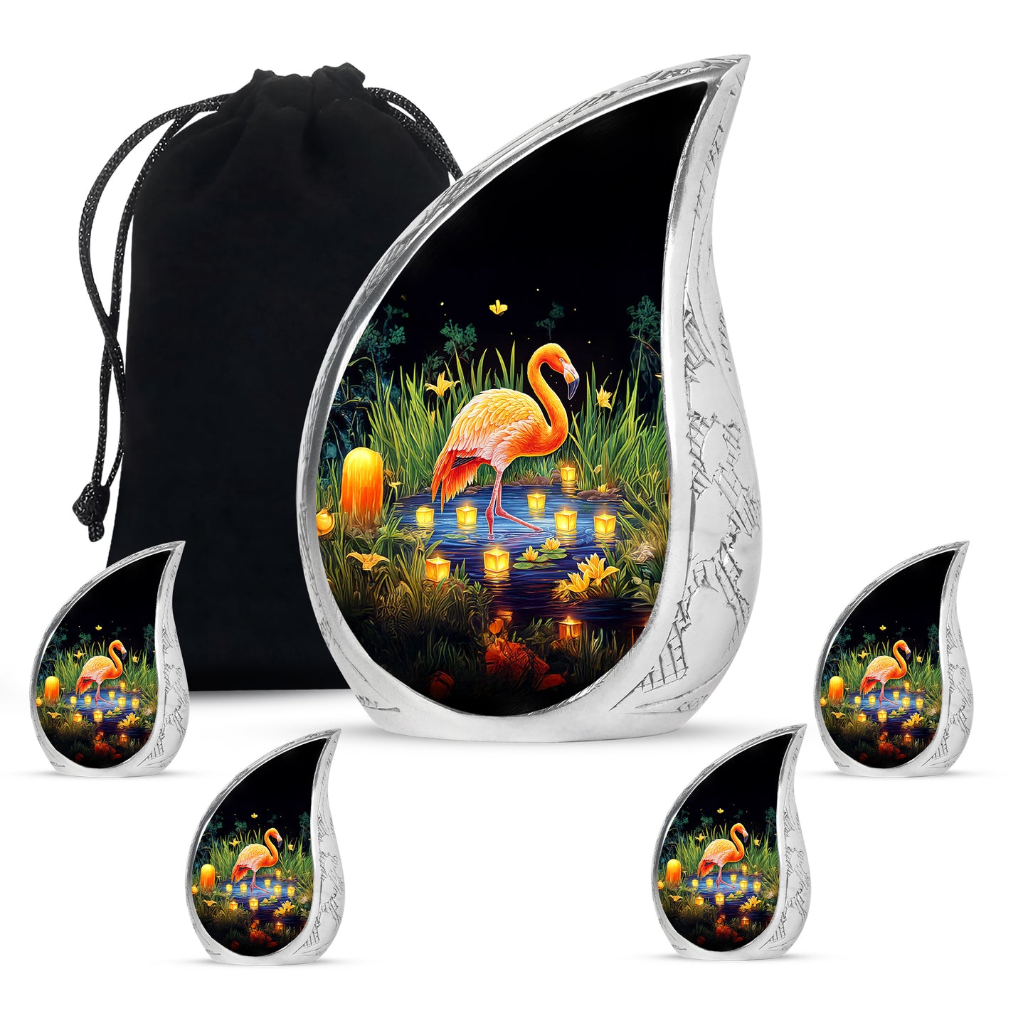 Deep Black Flamingo Cremation Urn side profile showing urn shape - flowing teardrop flamingo silhouette on curved aluminum - memorial set with one large and four small urns