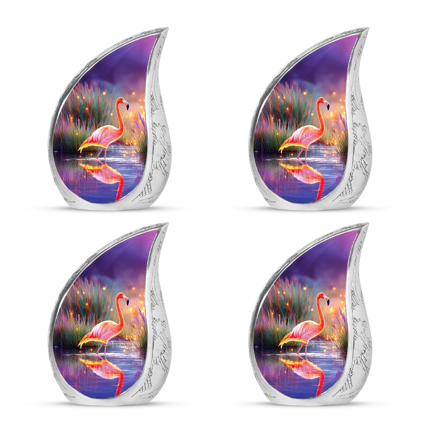 Powder Blue Flamingo Cremation Urn close-up of engraving and surface detail - flowing teardrop flamingo silhouette on curved aluminum - 10 inch aluminum urn for cremated remains