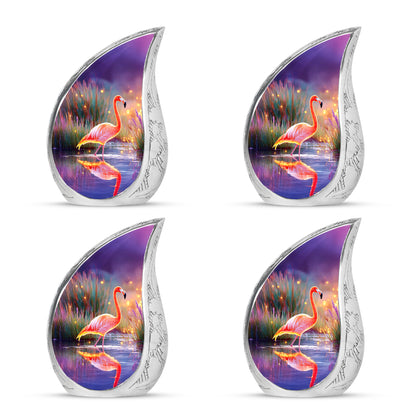 Powder Blue Flamingo Cremation Urn close-up of engraving and surface detail - flowing teardrop flamingo silhouette on curved aluminum - 10 inch aluminum urn for cremated remains