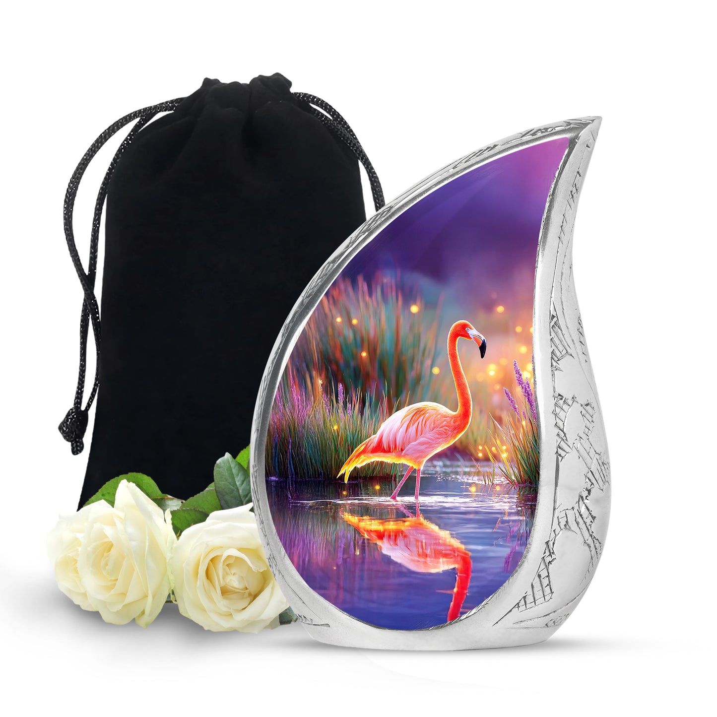 Twilight Blue Flamingo Cremation Urn front view showing detailed design - graceful tear-shaped urn with flamingo motif - full-size 10 inch 200 cubic inch adult cremation urn
