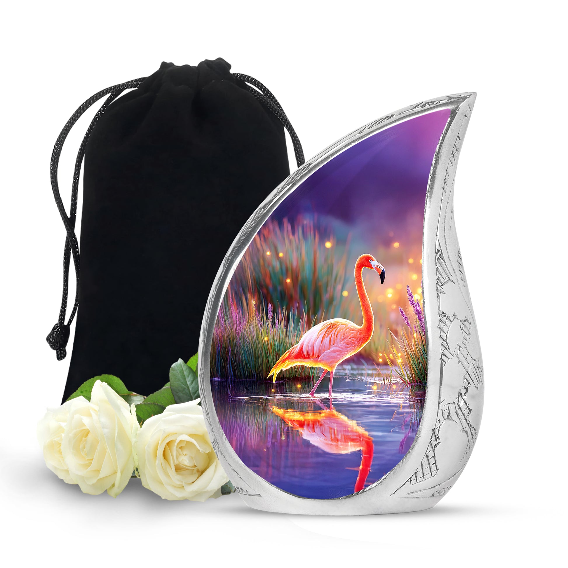 Twilight Blue Flamingo Cremation Urn front view showing detailed design - graceful tear-shaped urn with flamingo motif - full-size 10 inch 200 cubic inch adult cremation urn