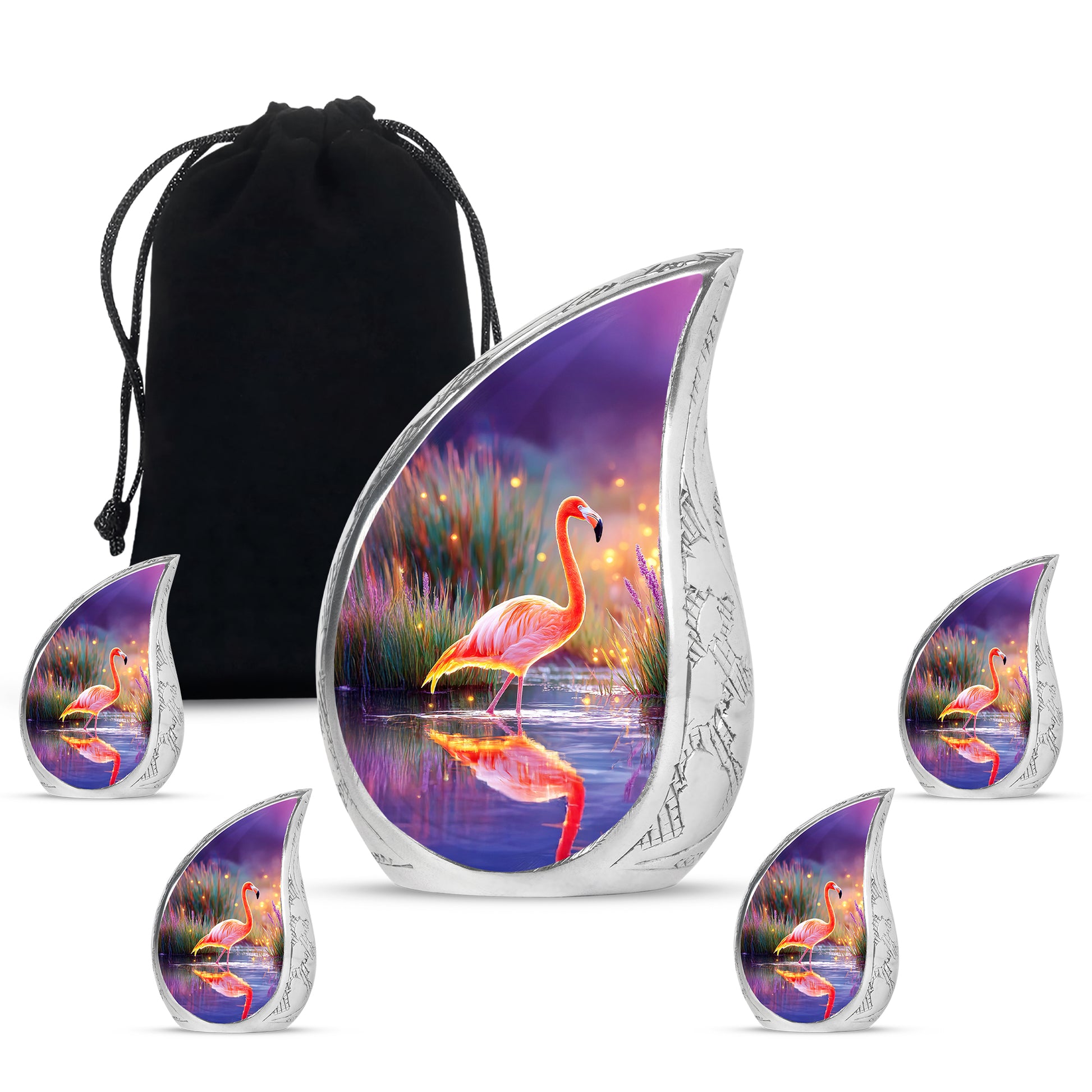 Sapphire Blue Flamingo Cremation Urn side profile showing urn shape - smooth teardrop contour featuring flamingo art - memorial set with one large and four small urns