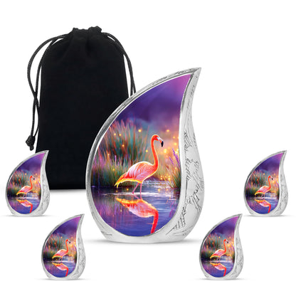 Sapphire Blue Flamingo Cremation Urn side profile showing urn shape - smooth teardrop contour featuring flamingo art - memorial set with one large and four small urns