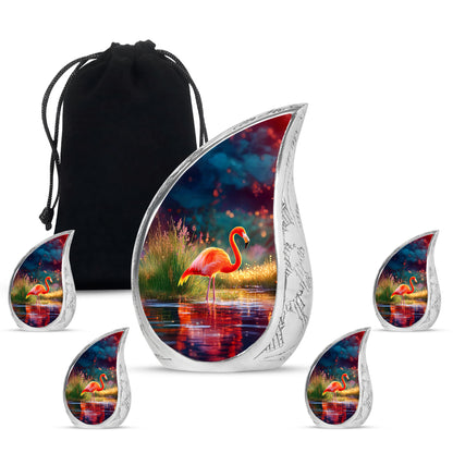 Grape Purple Flamingo Cremation Urn side profile showing urn shape - graceful tear-shaped urn with flamingo motif - memorial set with one large and four small urns