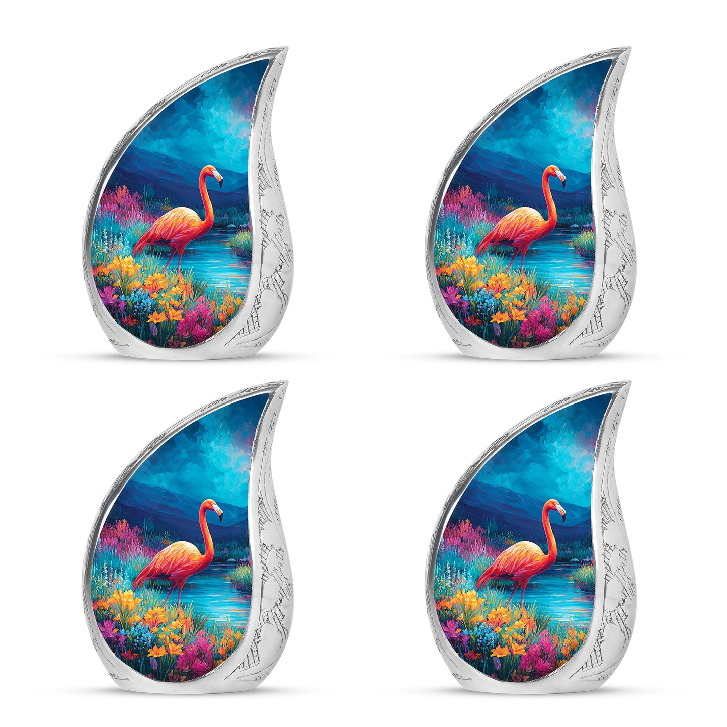 Indigo Flamingo Cremation Urn close-up of engraving and surface detail - flowing teardrop flamingo silhouette on curved aluminum - 10 inch aluminum urn for cremated remains