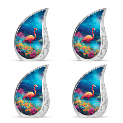 Indigo Flamingo Cremation Urn close-up of engraving and surface detail - flowing teardrop flamingo silhouette on curved aluminum - 10 inch aluminum urn for cremated remains