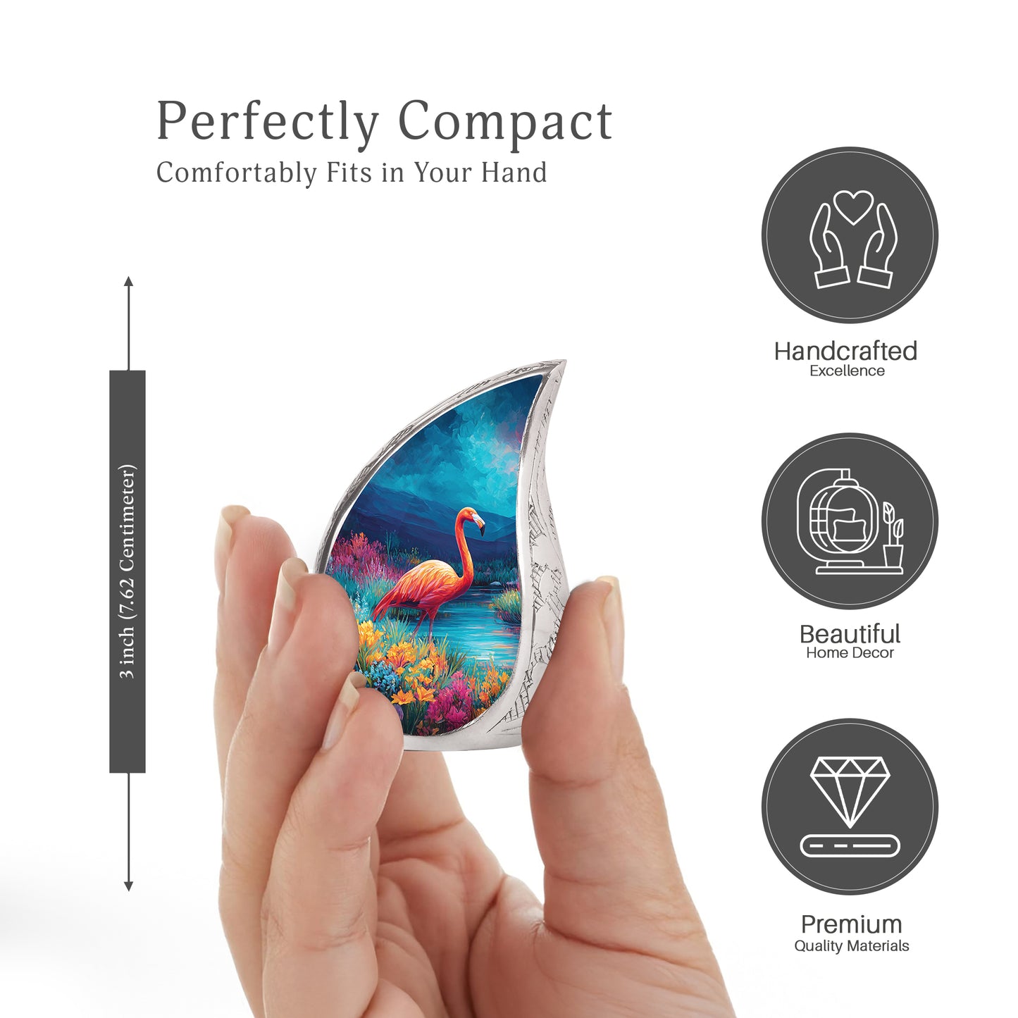 Powder Blue Flamingo Cremation Urn angled view of lid and engraved motif - rounded teardrop flamingo design with delicate detail - mini keepsake memorial for portion of cremation ashes
