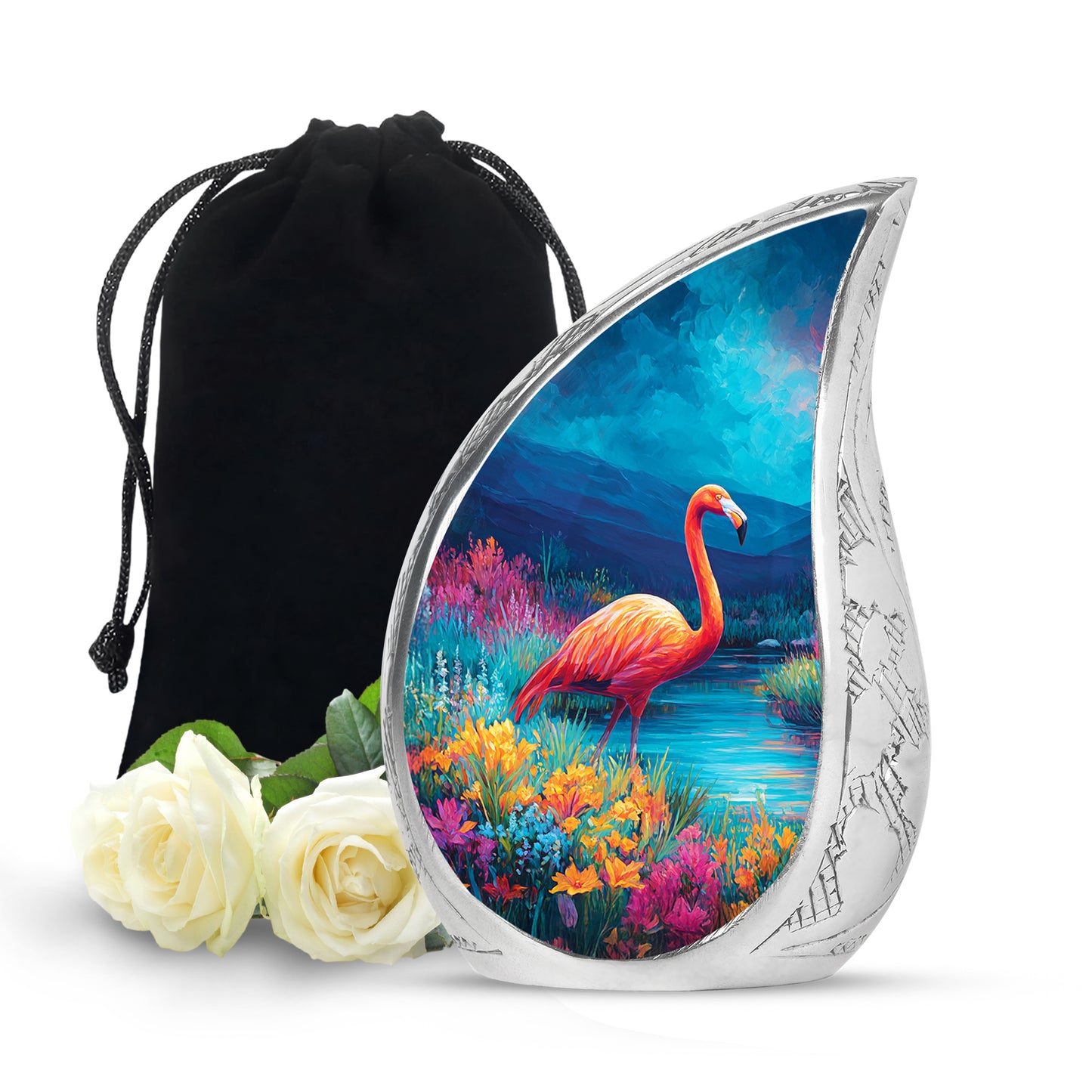 Navy Blue Flamingo Cremation Urn front view showing detailed design - rounded teardrop flamingo design with delicate detail - full-size 10 inch 200 cubic inch adult cremation urn