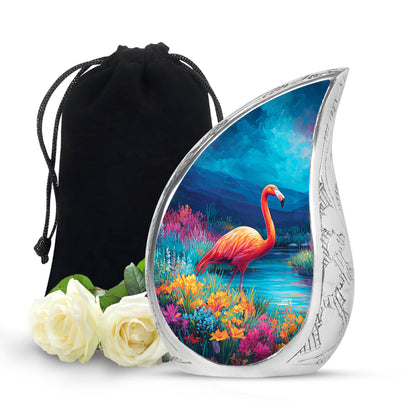 Navy Blue Flamingo Cremation Urn front view showing detailed design - rounded teardrop flamingo design with delicate detail - full-size 10 inch 200 cubic inch adult cremation urn