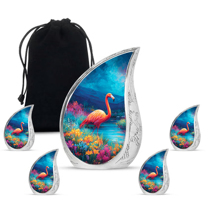 Cornflower Blue Flamingo Cremation Urn side profile showing urn shape - graceful tear-shaped urn with flamingo motif - memorial set with one large and four small urns