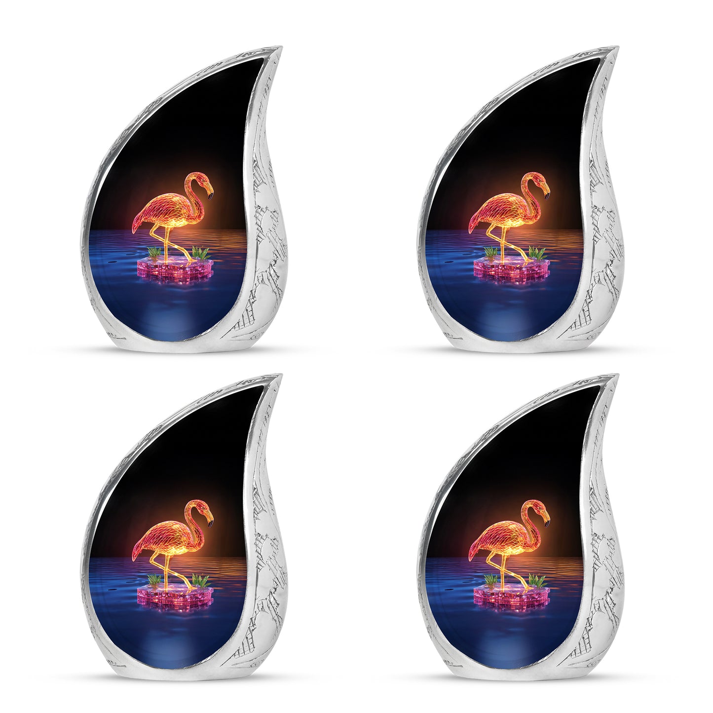 Obsidian Black Flamingo Cremation Urn close-up of engraving and surface detail - graceful tear-shaped urn with flamingo motif - 10 inch aluminum urn for cremated remains