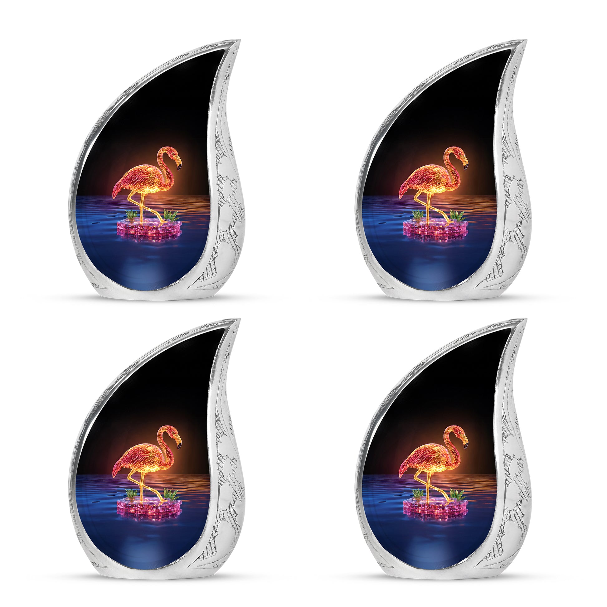 Obsidian Black Flamingo Cremation Urn close-up of engraving and surface detail - graceful tear-shaped urn with flamingo motif - 10 inch aluminum urn for cremated remains
