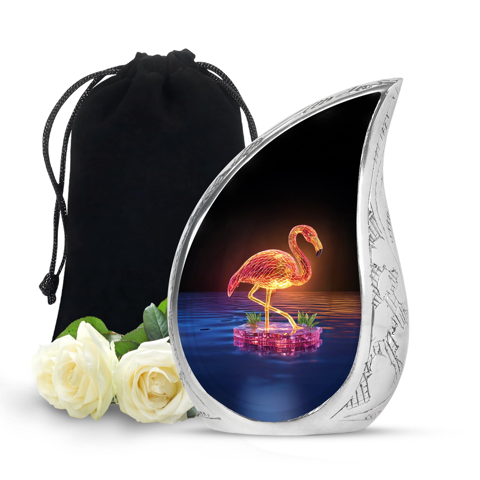 Onyx Black Flamingo Cremation Urn front view showing detailed design - smooth teardrop contour featuring flamingo art - full-size 10 inch 200 cubic inch adult cremation urn