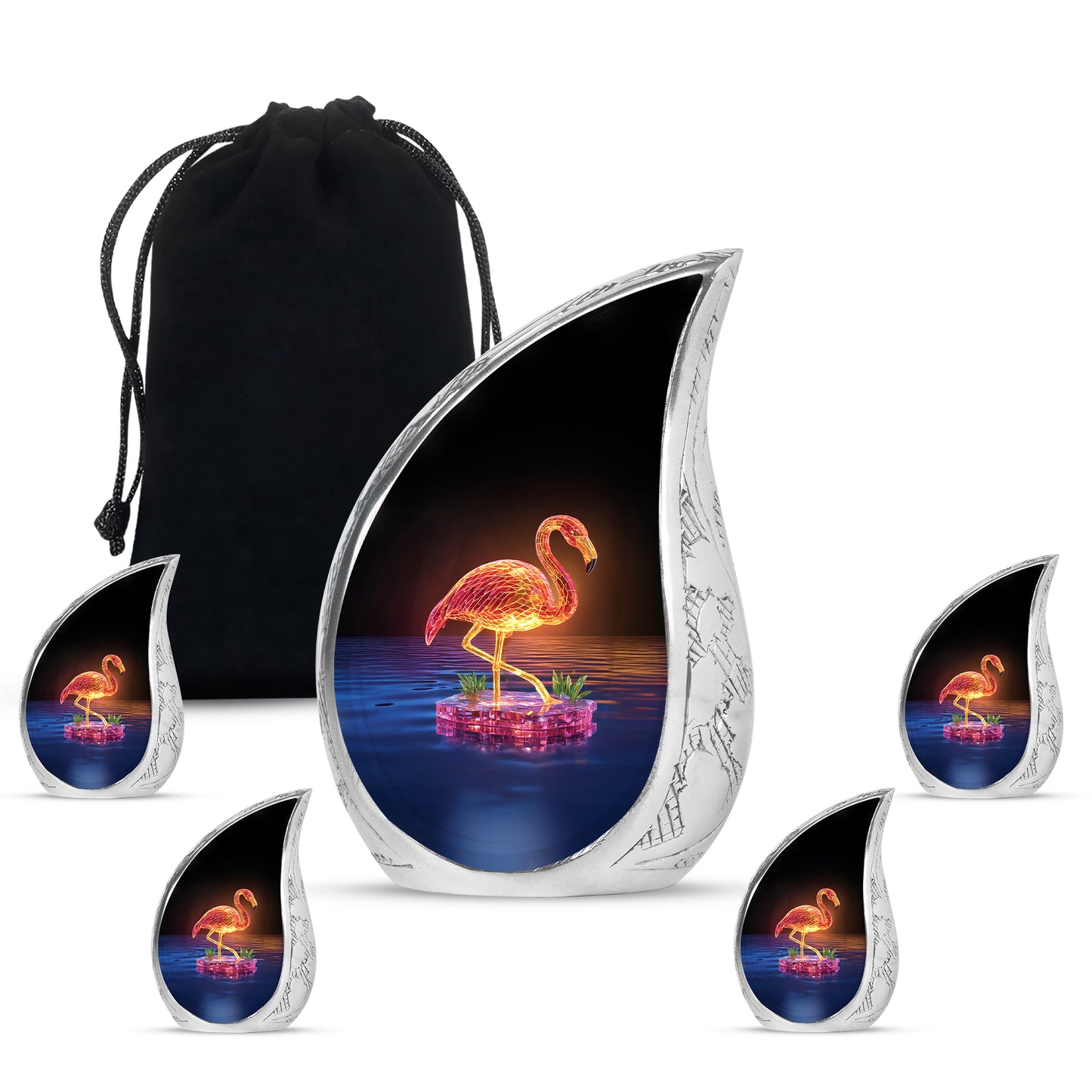 Onyx Black Flamingo Cremation Urn side profile showing urn shape - smooth teardrop contour featuring flamingo art - memorial set with one large and four small urns