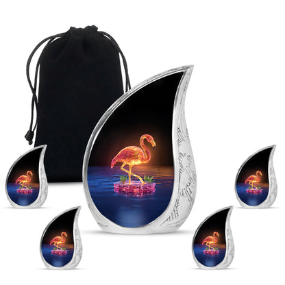 Onyx Black Flamingo Cremation Urn side profile showing urn shape - smooth teardrop contour featuring flamingo art - memorial set with one large and four small urns