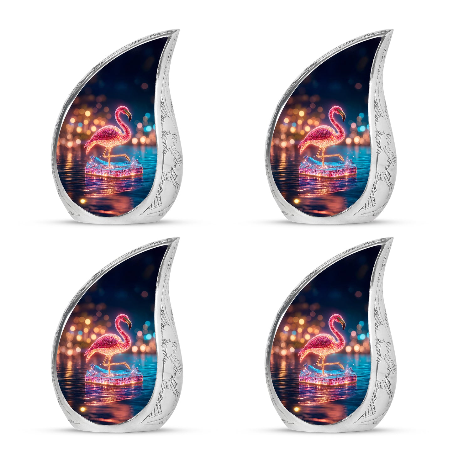 Celestial Blue Flamingo Cremation Urn close-up of engraving and surface detail - rounded teardrop flamingo design with delicate detail - 10 inch aluminum urn for cremated remains