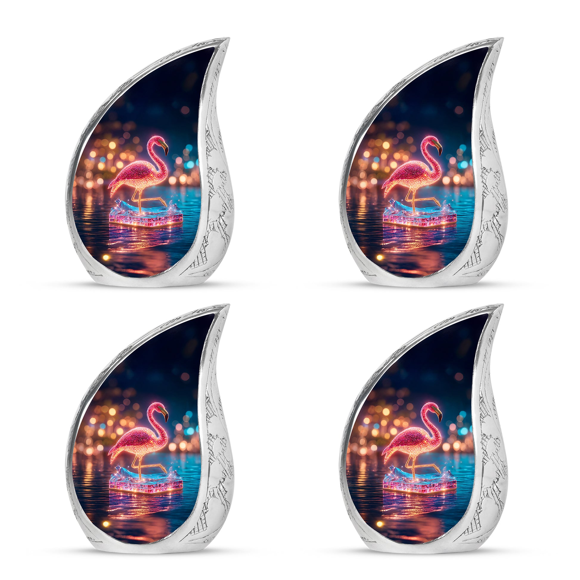 Celestial Blue Flamingo Cremation Urn close-up of engraving and surface detail - rounded teardrop flamingo design with delicate detail - 10 inch aluminum urn for cremated remains