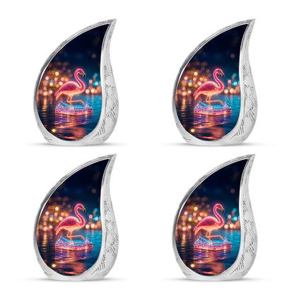 Celestial Blue Flamingo Cremation Urn close-up of engraving and surface detail - rounded teardrop flamingo design with delicate detail - 10 inch aluminum urn for cremated remains