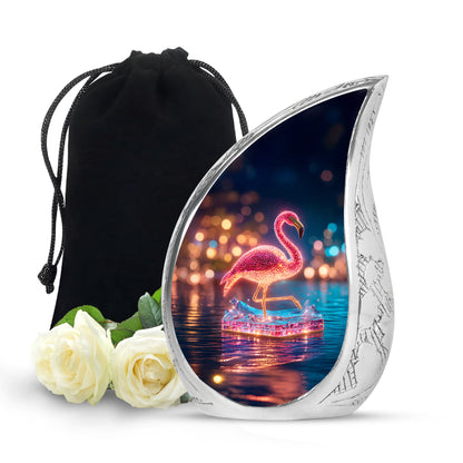 Soft Blue Flamingo Cremation Urn front view showing detailed design - graceful tear-shaped urn with flamingo motif - full-size 10 inch 200 cubic inch adult cremation urn