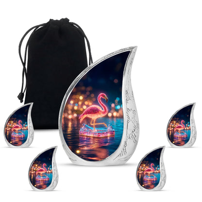 Misty Blue Flamingo Cremation Urn side profile showing urn shape - flowing teardrop flamingo silhouette on curved aluminum - memorial set with one large and four small urns