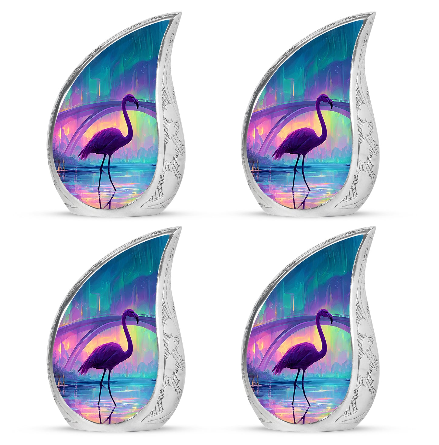 Royal Blue Flamingo Cremation Urn close-up of engraving and surface detail - smooth teardrop contour featuring flamingo art - 10 inch aluminum urn for cremated remains