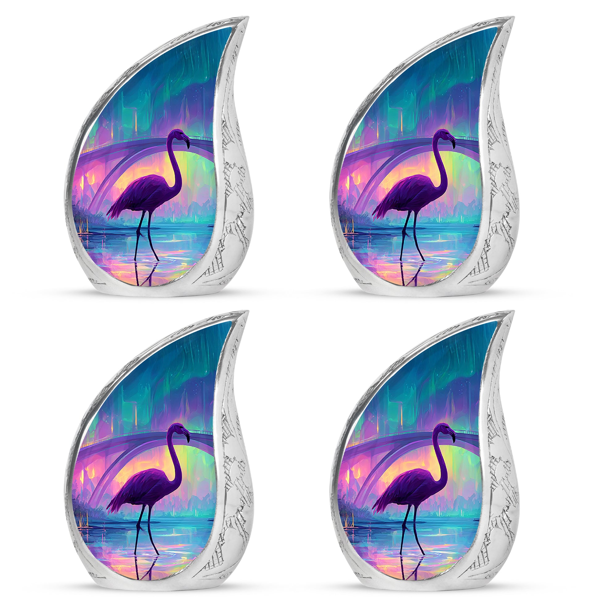 Royal Blue Flamingo Cremation Urn close-up of engraving and surface detail - smooth teardrop contour featuring flamingo art - 10 inch aluminum urn for cremated remains
