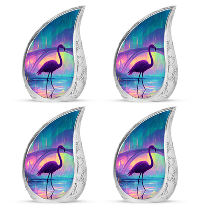Royal Blue Flamingo Cremation Urn close-up of engraving and surface detail - smooth teardrop contour featuring flamingo art - 10 inch aluminum urn for cremated remains