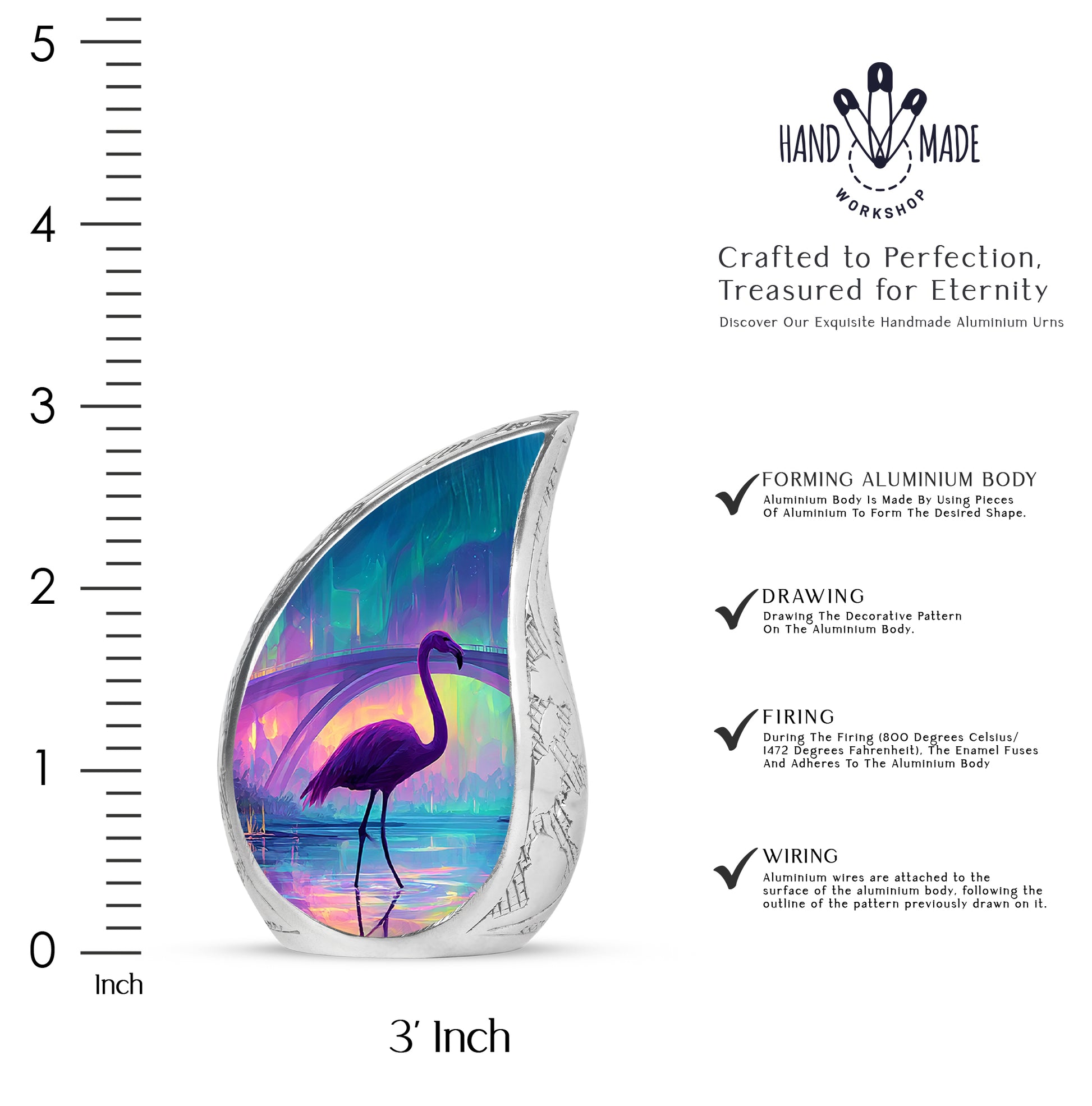 Navy Blue Flamingo Cremation Urn angled view of lid and engraved motif - rounded teardrop flamingo design with delicate detail - mini keepsake memorial for portion of cremation ashes