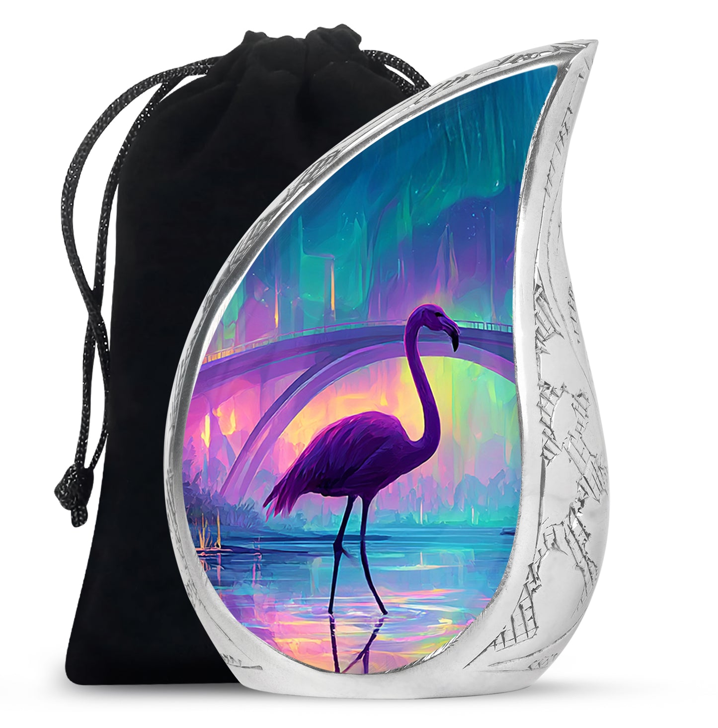 Celestial Blue Flamingo Cremation Urn front view showing detailed design - rounded teardrop flamingo design with delicate detail - full-size 10 inch 200 cubic inch adult cremation urn