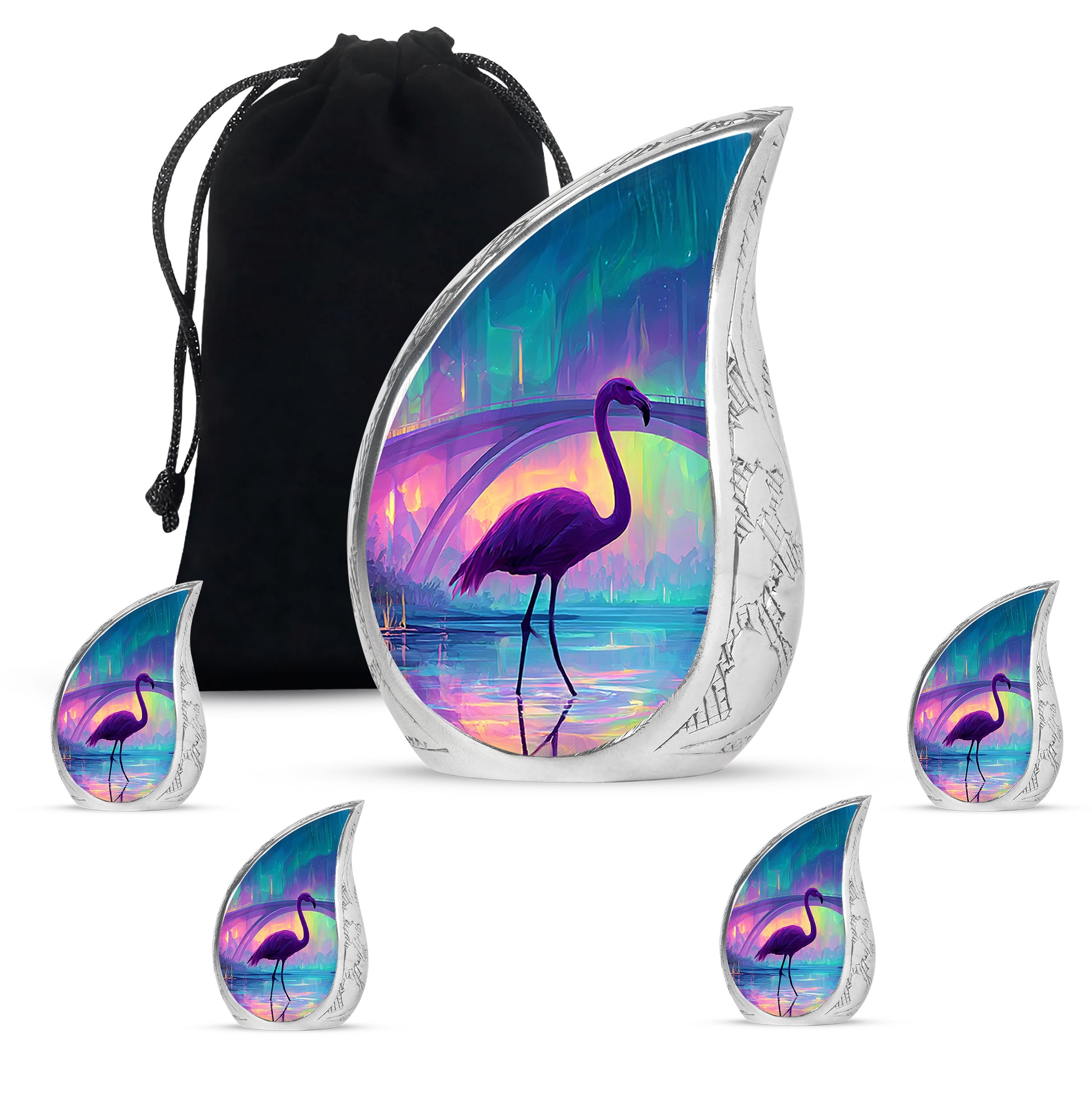 Soft Blue Flamingo Cremation Urn side profile showing urn shape - graceful tear-shaped urn with flamingo motif - memorial set with one large and four small urns